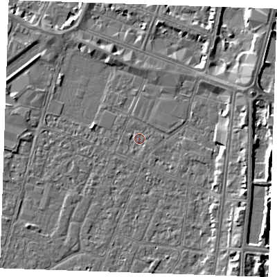 Shaded relief map of the ground around PE253QE, computed from Environment Agency LiDAR. The ground here sits at about 3 m above sea level and falls 6 m across the surrounding 800 m. Surface water reaching this point runs off ground lying to the east-north-east, 3.4 m higher.