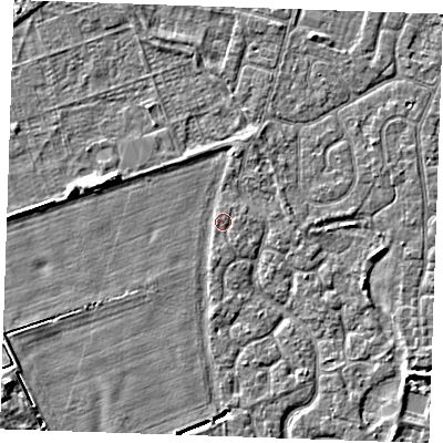 Shaded relief map of the ground around PE253QG, computed from Environment Agency LiDAR. The ground here sits at about 3 m above sea level and falls 4 m across the surrounding 800 m. Surface water reaching this point runs off ground lying to the south-south-west, 2.3 m higher.
