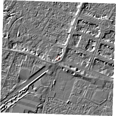 Shaded relief map of the ground around PE253QJ, computed from Environment Agency LiDAR. The ground here sits at about 3 m above sea level and falls 4 m across the surrounding 800 m. Surface water reaching this point runs off ground lying to the east, 2.8 m higher.