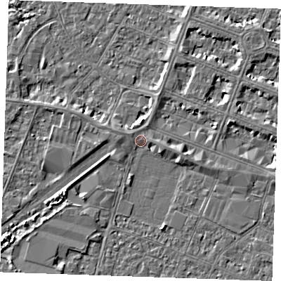 Shaded relief map of the ground around PE253QL, computed from Environment Agency LiDAR. The ground here sits at about 3 m above sea level and falls 4 m across the surrounding 800 m. Surface water reaching this point runs off ground lying to the east-south-east, 2.4 m higher.