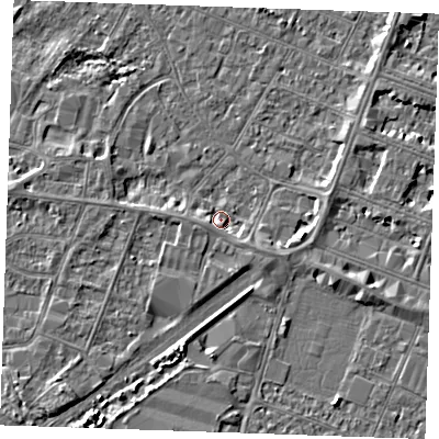 Shaded relief map of the ground around PE253QP, computed from Environment Agency LiDAR. The ground here sits at about 3 m above sea level and falls 4 m across the surrounding 800 m. Surface water reaching this point runs off ground lying to the south-east, 2.0 m higher.