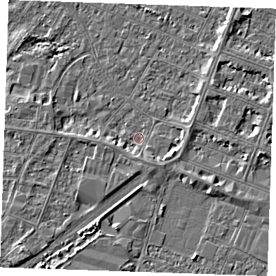 Shaded relief map of the ground around PE253QS, computed from Environment Agency LiDAR. The ground here sits at about 2 m above sea level and falls 4 m across the surrounding 800 m. Surface water reaching this point runs off ground lying to the south, 2.1 m higher.