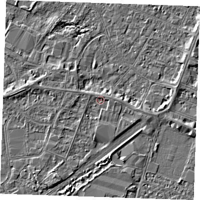 Shaded relief map of the ground around PE253QT, computed from Environment Agency LiDAR. The ground here sits at about 3 m above sea level and falls 4 m across the surrounding 800 m. Surface water reaching this point runs off ground lying to the east, 1.0 m higher.