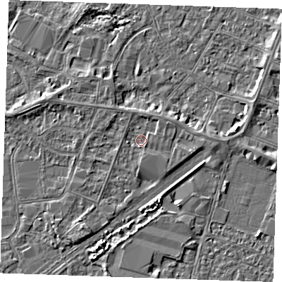 Shaded relief map of the ground around PE253QU, computed from Environment Agency LiDAR. The ground here sits at about 3 m above sea level and falls 4 m across the surrounding 800 m. Surface water reaching this point runs off ground lying to the east, 1.3 m higher.