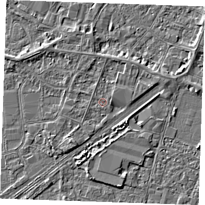 Shaded relief map of the ground around PE253QW, computed from Environment Agency LiDAR. The ground here sits at about 3 m above sea level and falls 3 m across the surrounding 800 m. Surface water reaching this point runs off ground lying to the east-north-east, 1.3 m higher.