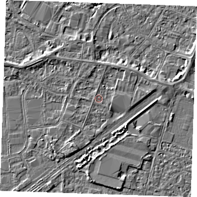 Shaded relief map of the ground around PE253QY, computed from Environment Agency LiDAR. The ground here sits at about 3 m above sea level and falls 4 m across the surrounding 800 m. Surface water reaching this point runs off ground lying to the north, 1.1 m higher.