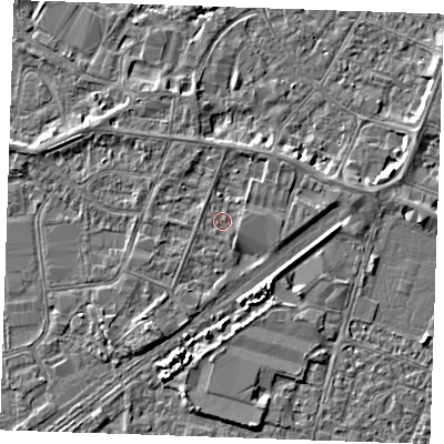 Shaded relief map of the ground around PE253QZ, computed from Environment Agency LiDAR. The ground here sits at about 3 m above sea level and falls 4 m across the surrounding 800 m. Surface water reaching this point runs off ground lying to the east-north-east, 1.3 m higher.