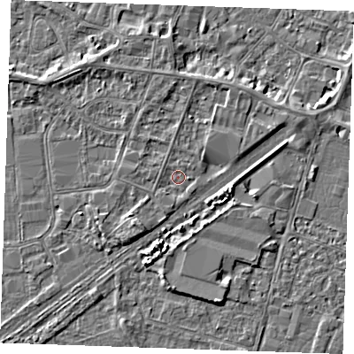Shaded relief map of the ground around PE253RA, computed from Environment Agency LiDAR. The ground here sits at about 3 m above sea level and falls 3 m across the surrounding 800 m. Surface water reaching this point runs off ground lying to the south-south-west, 1.2 m higher.