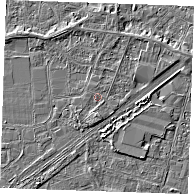Shaded relief map of the ground around PE253RB, computed from Environment Agency LiDAR. The ground here sits at about 3 m above sea level and falls 4 m across the surrounding 800 m. Surface water reaching this point runs off ground lying to the south, 1.6 m higher.