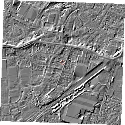 Shaded relief map of the ground around PE253RE, computed from Environment Agency LiDAR. The ground here sits at about 3 m above sea level and falls 4 m across the surrounding 800 m. Surface water reaching this point runs off ground lying to the north, 1.1 m higher.