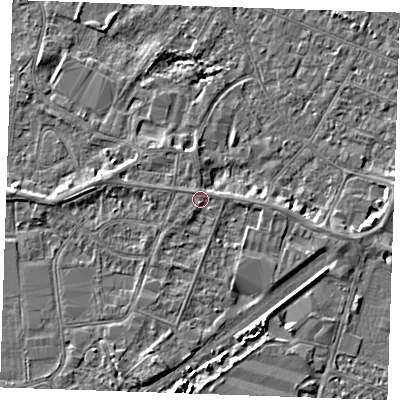 Shaded relief map of the ground around PE253RG, computed from Environment Agency LiDAR. The ground here sits at about 3 m above sea level and falls 4 m across the surrounding 800 m. Surface water reaching this point runs off ground lying to the south, 0.6 m higher.