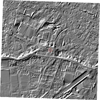 Shaded relief map of the ground around PE253RH, computed from Environment Agency LiDAR. The ground here sits at about 3 m above sea level and falls 4 m across the surrounding 800 m. Surface water reaching this point runs off ground lying to the west-south-west, 0.9 m higher.
