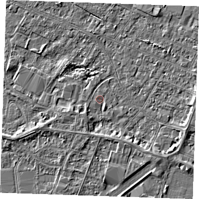 Shaded relief map of the ground around PE253RL, computed from Environment Agency LiDAR. The ground here sits at about 2 m above sea level and falls 3 m across the surrounding 800 m. Surface water reaching this point runs off ground lying to the south-west, 1.6 m higher.