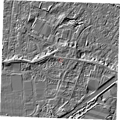 Shaded relief map of the ground around PE253RQ, computed from Environment Agency LiDAR. The ground here sits at about 4 m above sea level and falls 4 m across the surrounding 800 m. Surface water reaching this point runs off ground lying to the west-north-west, 1.2 m higher.