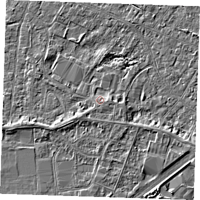 Shaded relief map of the ground around PE253RR, computed from Environment Agency LiDAR. The ground here sits at about 3 m above sea level and falls 4 m across the surrounding 800 m. Surface water reaching this point runs off ground lying to the south, 1.4 m higher.