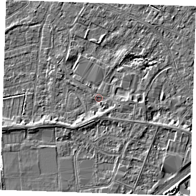 Shaded relief map of the ground around PE253RS, computed from Environment Agency LiDAR. The ground here sits at about 3 m above sea level and falls 4 m across the surrounding 800 m. Surface water reaching this point runs off ground lying to the south, 1.6 m higher.