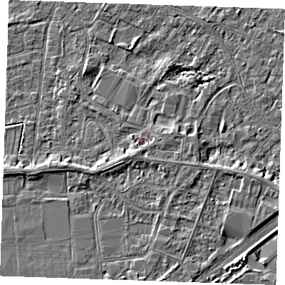Shaded relief map of the ground around PE253RU, computed from Environment Agency LiDAR. The ground here sits at about 3 m above sea level and falls 4 m across the surrounding 800 m. Surface water reaching this point runs off ground lying to the south, 1.2 m higher.