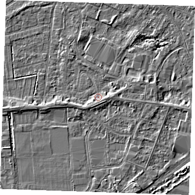 Shaded relief map of the ground around PE253RX, computed from Environment Agency LiDAR. The ground here sits at about 3 m above sea level and falls 4 m across the surrounding 800 m. Surface water reaching this point runs off ground lying to the south-south-west, 1.3 m higher.