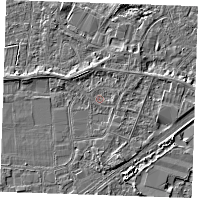Shaded relief map of the ground around PE253SD, computed from Environment Agency LiDAR. The ground here sits at about 3 m above sea level and falls 4 m across the surrounding 800 m. The ground contributing surface water to this point lies to the west.