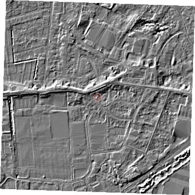Shaded relief map of the ground around PE253SE, computed from Environment Agency LiDAR. The ground here sits at about 3 m above sea level and falls 4 m across the surrounding 800 m. Surface water reaching this point runs off ground lying to the north, 0.9 m higher.