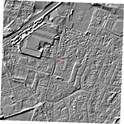 Shaded relief map of the ground around PE253SH, computed from Environment Agency LiDAR. The ground here sits at about 3 m above sea level and falls 3 m across the surrounding 800 m. Surface water reaching this point runs off ground lying to the west, 2.0 m higher.