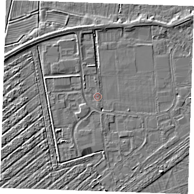 Shaded relief map of the ground around PE253SJ, computed from Environment Agency LiDAR. The ground here sits at about 3 m above sea level and falls 5 m across the surrounding 800 m. Surface water reaching this point runs off ground lying to the south-west, 3.9 m higher.