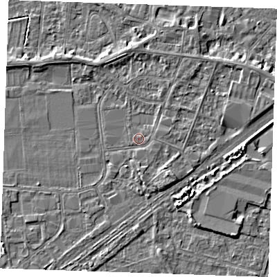 Shaded relief map of the ground around PE253SL, computed from Environment Agency LiDAR. The ground here sits at about 3 m above sea level and falls 3 m across the surrounding 800 m. Surface water reaching this point runs off ground lying to the south-east, 1.6 m higher.