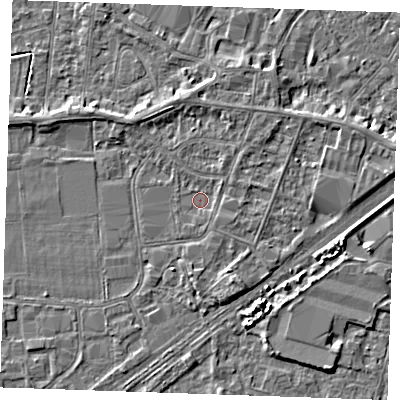Shaded relief map of the ground around PE253SN, computed from Environment Agency LiDAR. The ground here sits at about 3 m above sea level and falls 3 m across the surrounding 800 m. Surface water reaching this point runs off ground lying to the north, 1.2 m higher.
