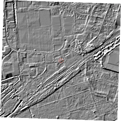 Shaded relief map of the ground around PE253SR, computed from Environment Agency LiDAR. The ground here sits at about 3 m above sea level and falls 5 m across the surrounding 800 m. Surface water reaching this point runs off ground lying to the south, 2.4 m higher.