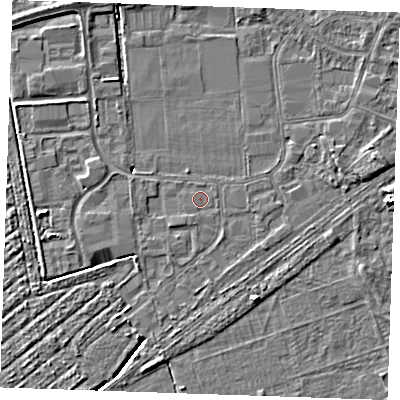 Shaded relief map of the ground around PE253SU, computed from Environment Agency LiDAR. The ground here sits at about 3 m above sea level and falls 5 m across the surrounding 800 m. The ground contributing surface water to this point lies to the east-north-east.