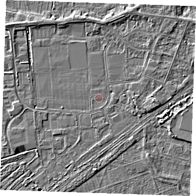 Shaded relief map of the ground around PE253SX, computed from Environment Agency LiDAR. The ground here sits at about 3 m above sea level and falls 5 m across the surrounding 800 m. Surface water reaching this point runs off ground lying to the south, 2.7 m higher.