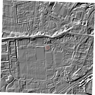 Shaded relief map of the ground around PE253SY, computed from Environment Agency LiDAR. The ground here sits at about 3 m above sea level and falls 4 m across the surrounding 800 m. Surface water reaching this point runs off ground lying to the west, 0.6 m higher.