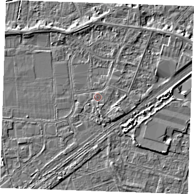 Shaded relief map of the ground around PE253SZ, computed from Environment Agency LiDAR. The ground here sits at about 3 m above sea level and falls 4 m across the surrounding 800 m. Surface water reaching this point runs off ground lying to the east-south-east, 1.6 m higher.