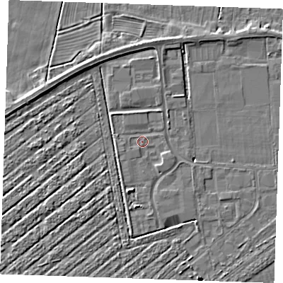 Shaded relief map of the ground around PE253TD, computed from Environment Agency LiDAR. The ground here sits at about 3 m above sea level and falls 4 m across the surrounding 800 m. Surface water reaching this point runs off ground lying to the south-south-west, 2.4 m higher.