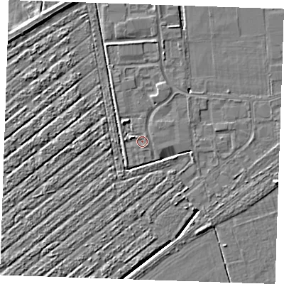 Shaded relief map of the ground around PE253TE, computed from Environment Agency LiDAR. The ground here sits at about 3 m above sea level and falls 5 m across the surrounding 800 m. Surface water reaching this point runs off ground lying to the west-north-west, 1.3 m higher.