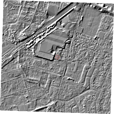 Shaded relief map of the ground around PE253TG, computed from Environment Agency LiDAR. The ground here sits at about 3 m above sea level and falls 3 m across the surrounding 800 m. Surface water reaching this point runs off ground lying to the west-south-west, 1.7 m higher.