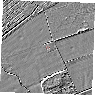 Shaded relief map of the ground around PE253TH, computed from Environment Agency LiDAR. The ground here sits at about 3 m above sea level and falls 5 m across the surrounding 800 m. The ground contributing surface water to this point lies to the north-north-east.