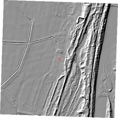 Shaded relief map of the ground around PE253TJ, computed from Environment Agency LiDAR. The ground here sits at about 3 m above sea level and falls 8 m across the surrounding 800 m. Surface water reaching this point runs off ground lying to the east, 3.6 m higher.