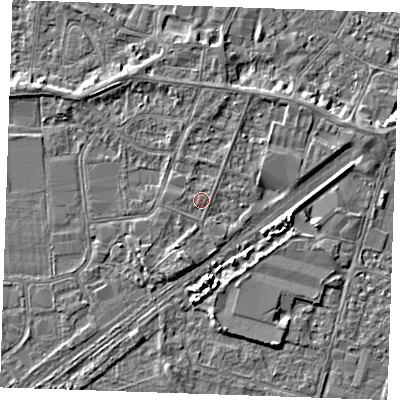 Shaded relief map of the ground around PE253TL, computed from Environment Agency LiDAR. The ground here sits at about 3 m above sea level and falls 3 m across the surrounding 800 m. Surface water reaching this point runs off ground lying to the north-north-east, 1.1 m higher.