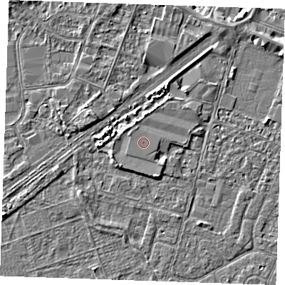 Shaded relief map of the ground around PE253TN, computed from Environment Agency LiDAR. The ground here sits at about 4 m above sea level and falls 4 m across the surrounding 800 m. The ground contributing surface water to this point lies to the south-west.
