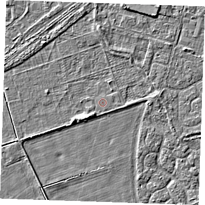 Shaded relief map of the ground around PE253TQ, computed from Environment Agency LiDAR. The ground here sits at about 3 m above sea level and falls 3 m across the surrounding 800 m. The ground contributing surface water to this point lies to the east-south-east.