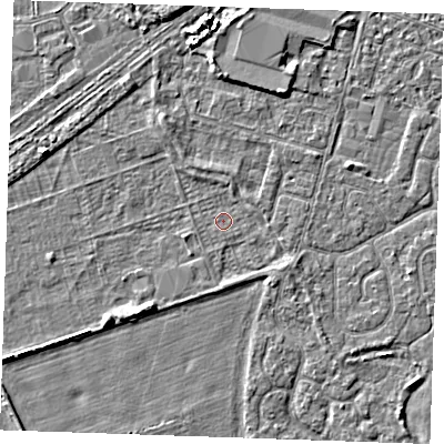 Shaded relief map of the ground around PE253TR, computed from Environment Agency LiDAR. The ground here sits at about 3 m above sea level and falls 3 m across the surrounding 800 m. Surface water reaching this point runs off ground lying to the north, 2.2 m higher.