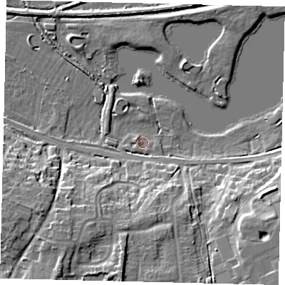 Shaded relief map of the ground around PE25GS, computed from Environment Agency LiDAR. The ground here sits at about 6 m above sea level and falls 16 m across the surrounding 800 m. Surface water reaching this point runs off ground lying to the west-north-west, 1.5 m higher.