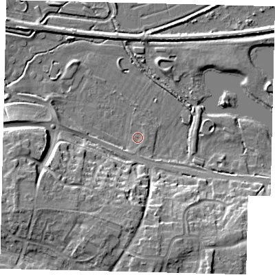 Shaded relief map of the ground around PE25UZ, computed from Environment Agency LiDAR. The ground here sits at about 6 m above sea level and falls 15 m across the surrounding 800 m. Surface water reaching this point runs off ground lying to the south, 13.2 m higher.