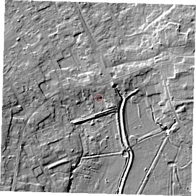 Shaded relief map of the ground around PE261AJ, computed from Environment Agency LiDAR. The ground here sits at about 4 m above sea level and falls 10 m across the surrounding 800 m. Surface water reaching this point runs off ground lying to the west, 7.0 m higher.