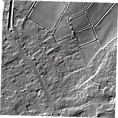 Shaded relief map of the ground around PE261BF, computed from Environment Agency LiDAR. The ground here sits at about 2 m above sea level and falls 9 m across the surrounding 800 m. Surface water reaching this point runs off ground lying to the south-east, 7.5 m higher.