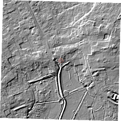 Shaded relief map of the ground around PE261BU, computed from Environment Agency LiDAR. The ground here sits at about 5 m above sea level and falls 8 m across the surrounding 800 m. Surface water reaching this point runs off ground lying to the north, 1.5 m higher.