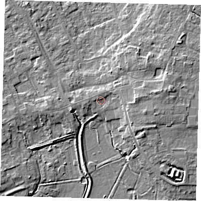 Shaded relief map of the ground around PE261BY, computed from Environment Agency LiDAR. The ground here sits at about 4 m above sea level and falls 8 m across the surrounding 800 m. Surface water reaching this point runs off ground lying to the east, 2.5 m higher.