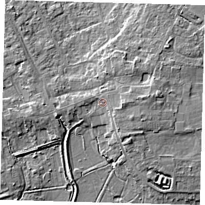 Shaded relief map of the ground around PE261DD, computed from Environment Agency LiDAR. The ground here sits at about 5 m above sea level and falls 8 m across the surrounding 800 m. Surface water reaching this point runs off ground lying to the east-south-east, 1.8 m higher.