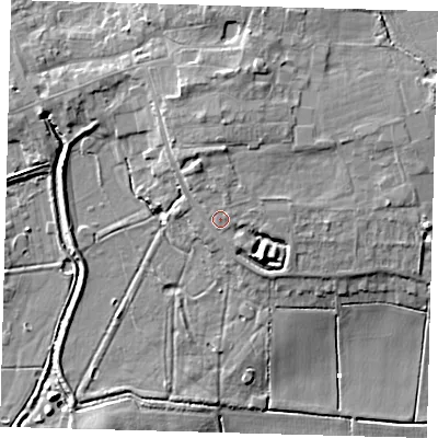 Shaded relief map of the ground around PE261DE, computed from Environment Agency LiDAR. The ground here sits at about 6 m above sea level and falls 10 m across the surrounding 800 m. Surface water reaching this point runs off ground lying to the south-east, 5.6 m higher.